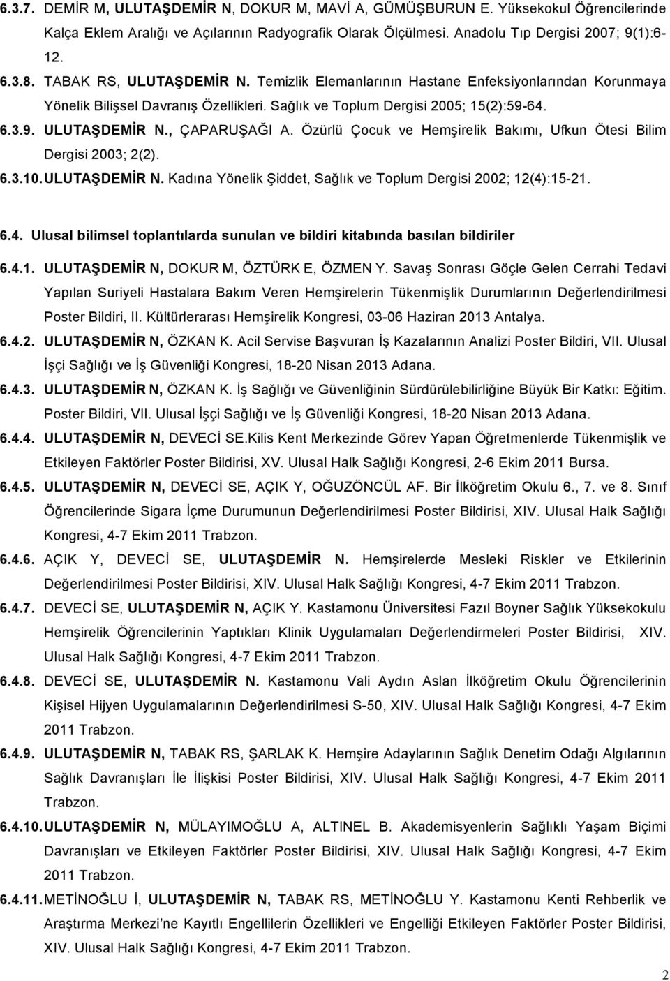 Özürlü Çocuk ve Hemşirelik Bakımı, Ufkun Ötesi Bilim Dergisi 2003; 2(2). 6.3.10. ULUTAŞDEMİR N. Kadına Yönelik Şiddet, Sağlık ve Toplum Dergisi 2002; 12(4)