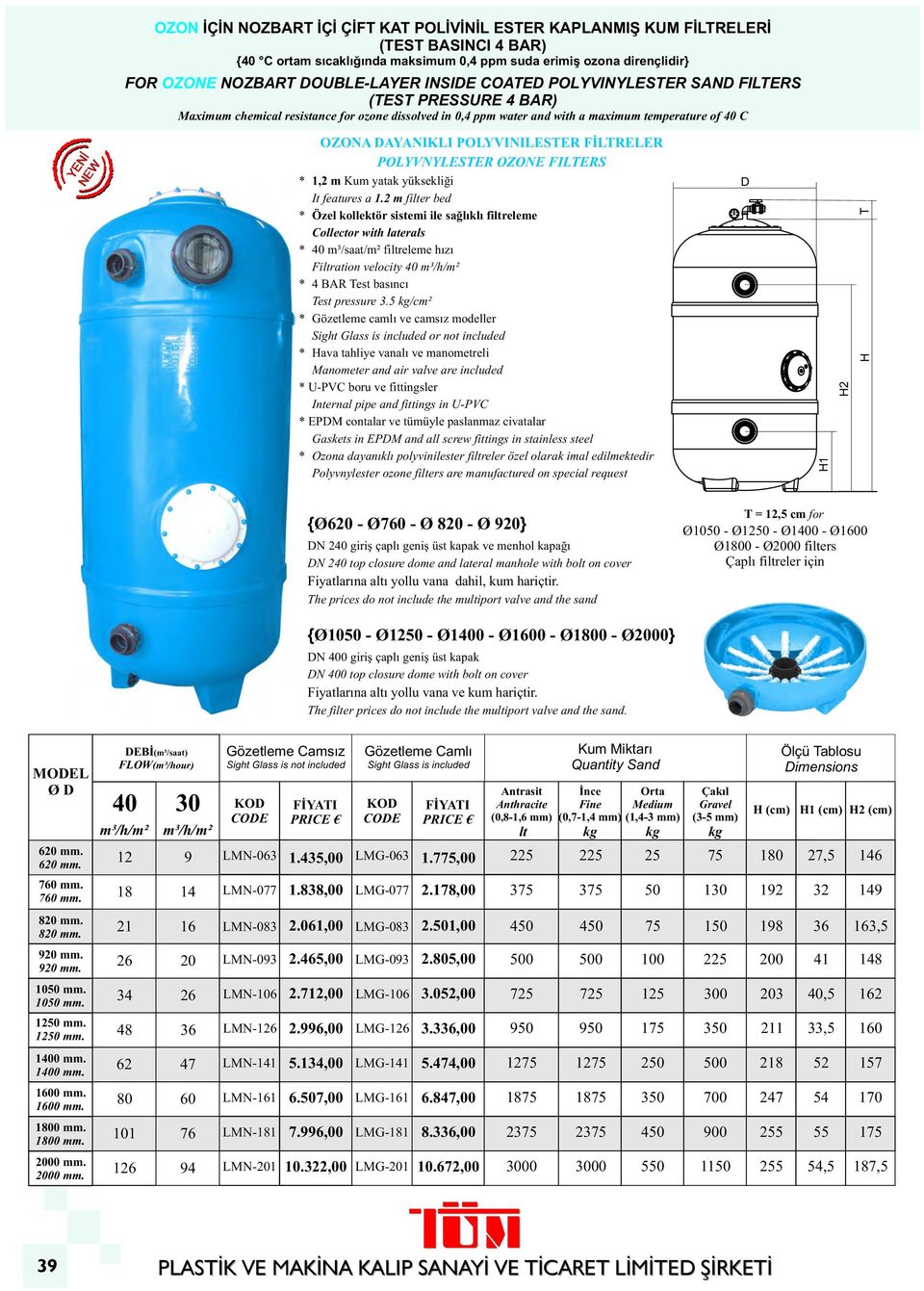 FİLTRELER POLYVNYLESTER OZONE S * 1,2 m Kum yatak yüksekliği It features a 1.