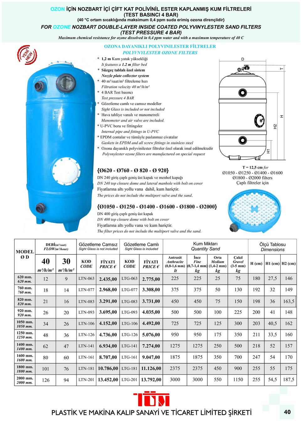 FİLTRELER POLYVNYLESTER OZONE S * 1,2 m Kum yatak yüksekliği It features a 1.