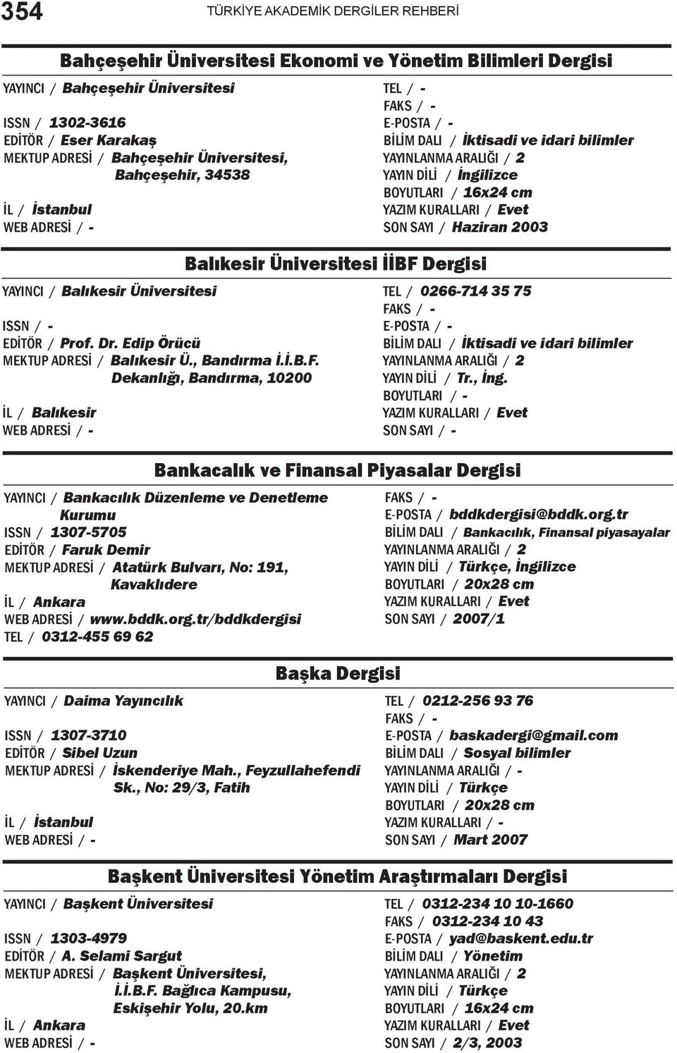 Dekanlığı, Bandırma, 10200 İL / Balıkesir Balıkesir Üniversitesi İİBF Dergisi BİLİM DALI / İktisadi ve idari bilimler YAYIN DİLİ / İngilizce SON SAYI / Haziran 2003 TEL / 0266-714 35 75 BİLİM DALI /