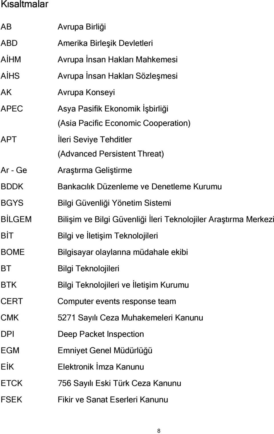 Denetleme Kurumu Bilgi Güvenliği Yönetim Sistemi Bilişim ve Bilgi Güvenliği İleri Teknolojiler Araştırma Merkezi Bilgi ve İletişim Teknolojileri Bilgisayar olaylarına müdahale ekibi Bilgi