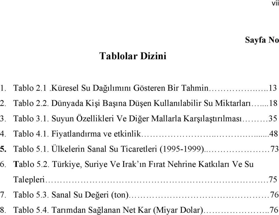Tablo 5.1. Ülkelerin Sanal Su Ticaretleri (1995-1999).. 73 6. Tablo 5.2.