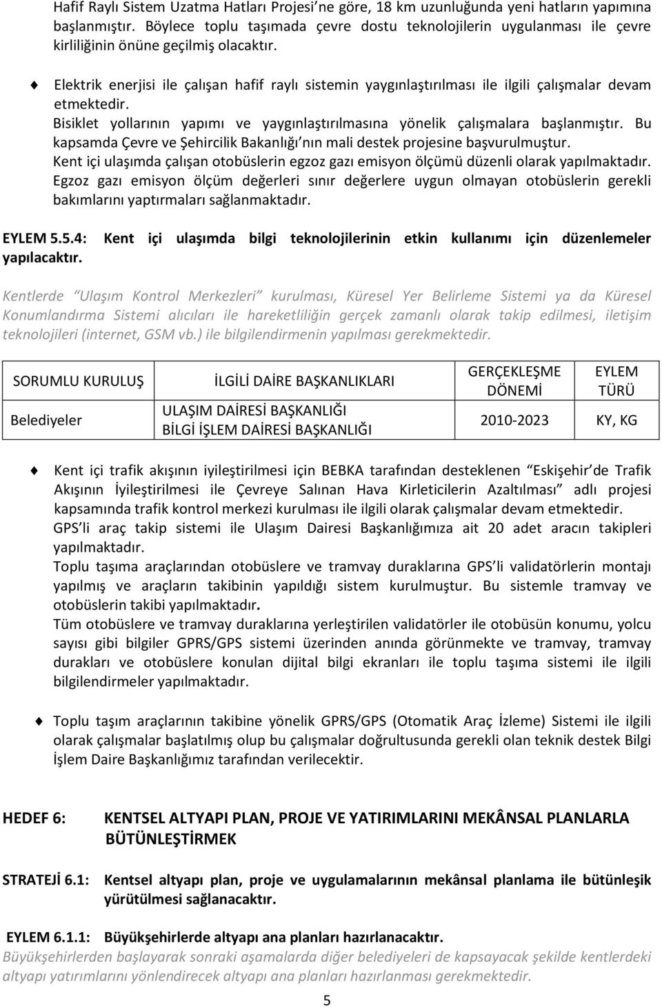 Elektrik enerjisi ile çalışan hafif raylı sistemin yaygınlaştırılması ile ilgili çalışmalar devam etmektedir. Bisiklet yollarının yapımı ve yaygınlaştırılmasına yönelik çalışmalara başlanmıştır.