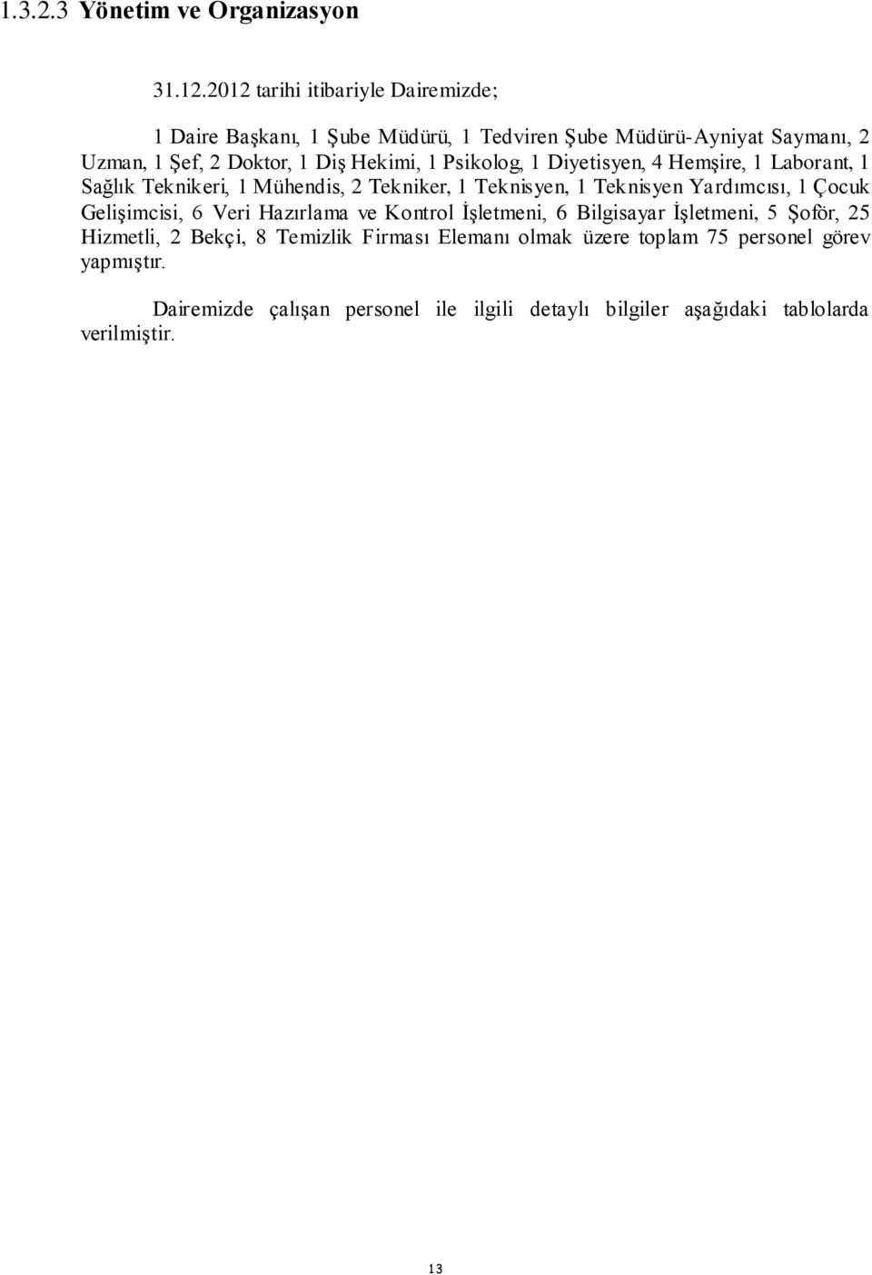 Psikolog, 1 Diyetisyen, 4 Hemşire, 1 Laborant, 1 Sağlık Teknikeri, 1 Mühendis, 2 Tekniker, 1 Teknisyen, 1 Teknisyen Yardımcısı, 1 Çocuk Gelişimcisi,