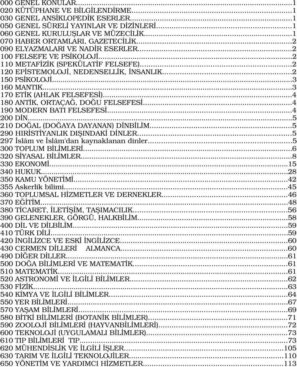 ..3 160 MANTIK...3 170 ET K (AHLAK FELSEFES )...4 180 ANT K, ORTAÇA, DO U FELSEFES...4 190 MODERN BATI FELSEFES...4 200 D N...5 210 DO AL (DO AYA DAYANAN) D NB L M.