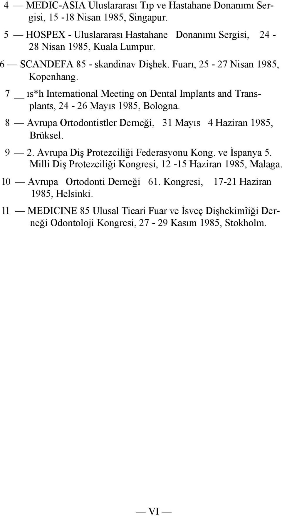 8 Avrupa Ortodontistler Derneği, 31 Mayıs 4 Haziran 1985, Brüksel. 9 2. Avrupa Diş Protezciliği Federasyonu Kong. ve İspanya 5.