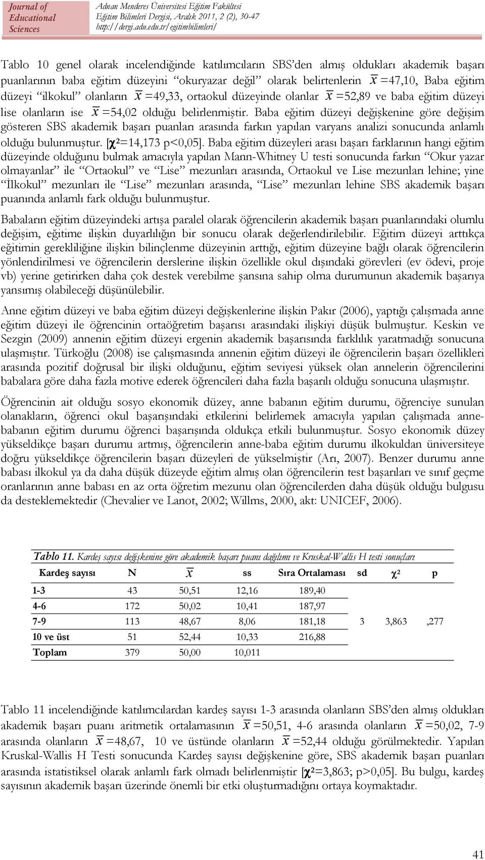 Baba eğitim düzeyi değişkenine göre değişim gösteren SBS akademik başarı puanları arasında farkın yapılan varyans analizi sonucunda anlamlı olduğu bulunmuştur. [ 2 =14,173 p<0,05].