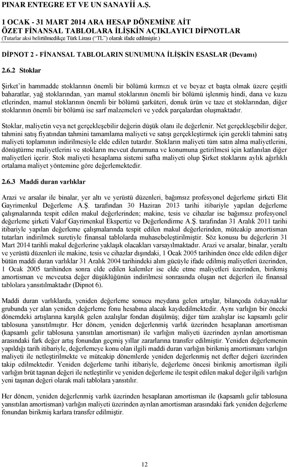 ve kuzu etlerinden, mamul stoklarının önemli bir bölümü şarküteri, donuk ürün ve taze et stoklarından, diğer stoklarının önemli bir bölümü ise sarf malzemeleri ve yedek parçalardan oluşmaktadır.