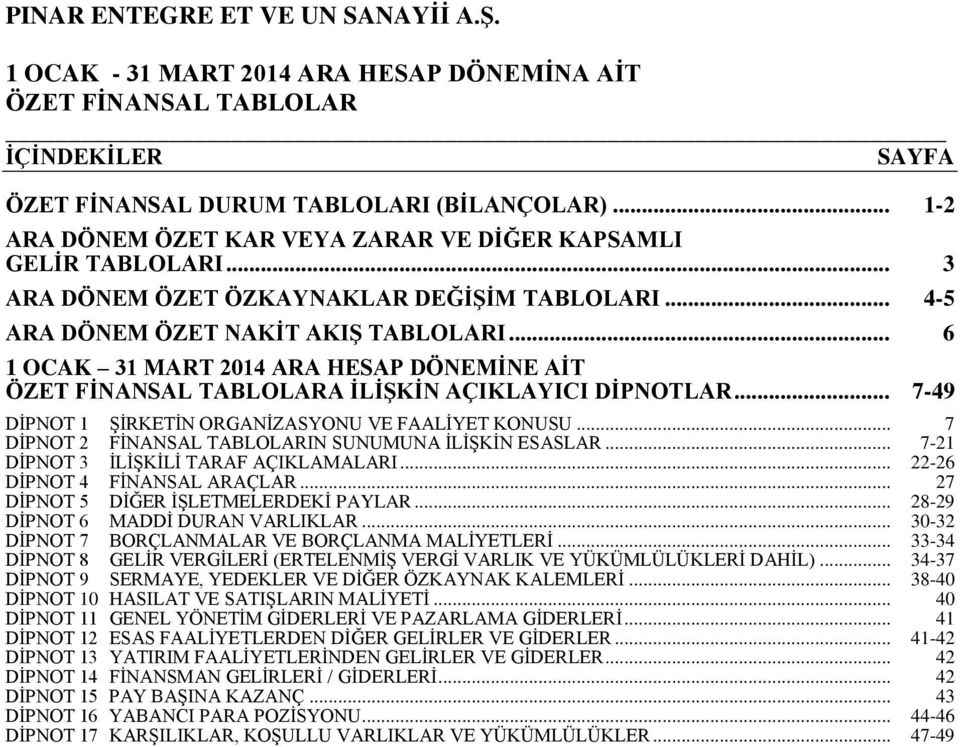 .. 7 DİPNOT 2 FİNANSAL TABLOLARIN SUNUMUNA İLİŞKİN ESASLAR... 7-21 DİPNOT 3 İLİŞKİLİ TARAF AÇIKLAMALARI... 22-26 DİPNOT 4 FİNANSAL ARAÇLAR... 27 DİPNOT 5 DİĞER İŞLETMELERDEKİ PAYLAR.