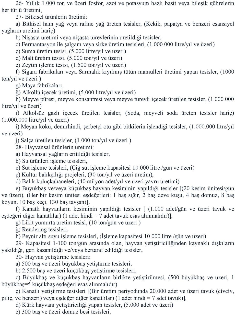 ve benzeri esansiyel yağların üretimi hariç) b) Nişasta üretimi veya nişasta türevlerinin üretildiği tesisler, c) Fermantasyon ile şalgam veya sirke üretim tesisleri, (1.000.