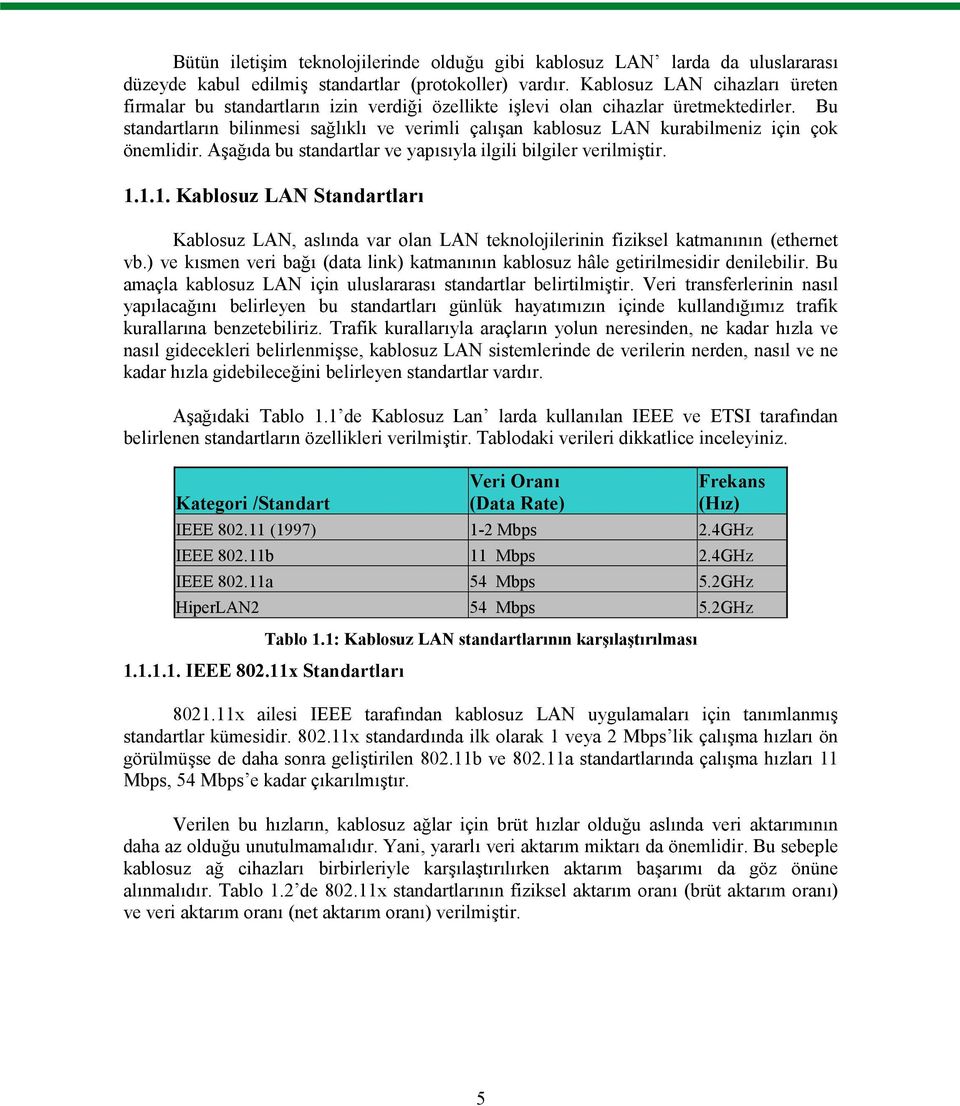 Bu standartların bilinmesi sağlıklı ve verimli çalışan kablosuz LAN kurabilmeniz için çok önemlidir. Aşağıda bu standartlar ve yapısıyla ilgili bilgiler verilmiştir. 1.