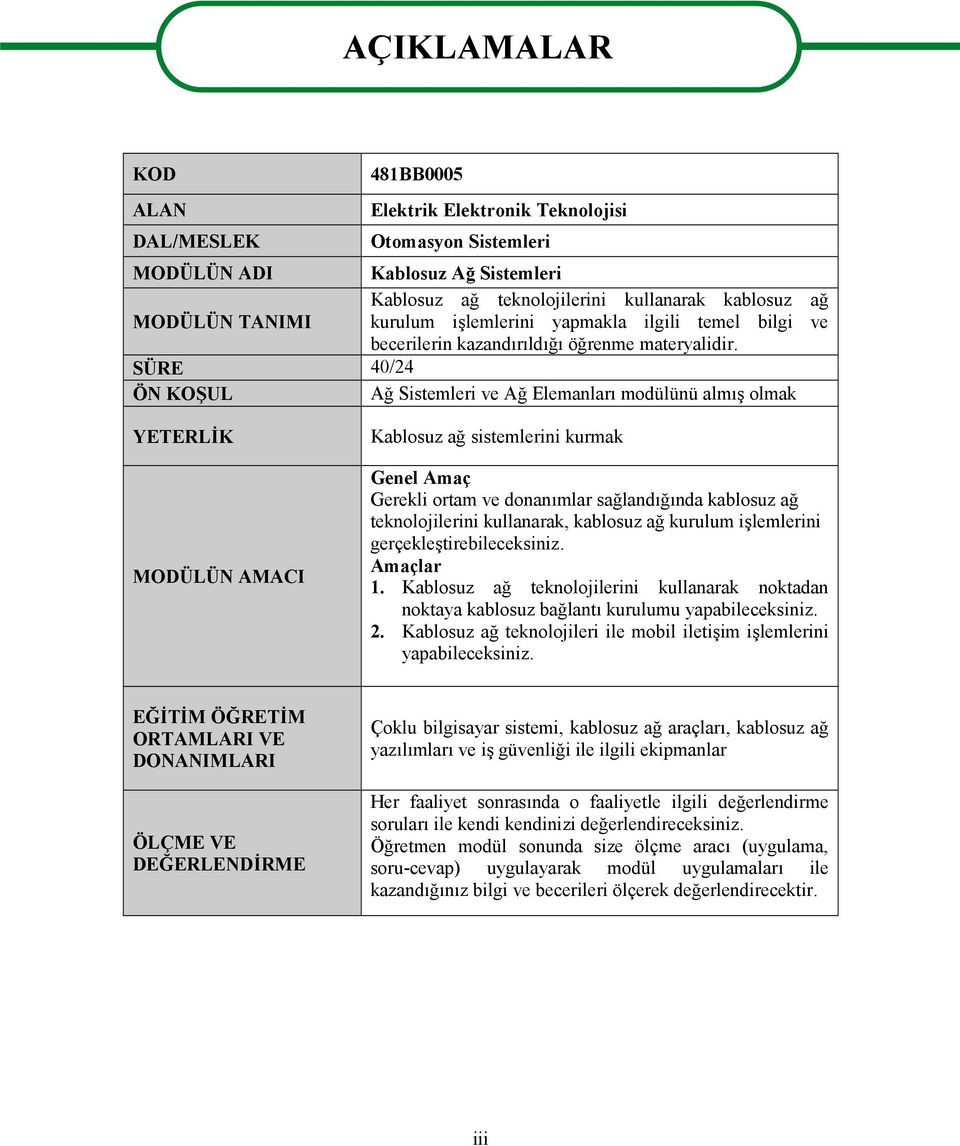 SÜRE 40/24 ÖN KOŞUL Ağ Sistemleri ve Ağ Elemanları modülünü almış olmak YETERLİK MODÜLÜN AMACI Kablosuz ağ sistemlerini kurmak Genel Amaç Gerekli ortam ve donanımlar sağlandığında kablosuz ağ