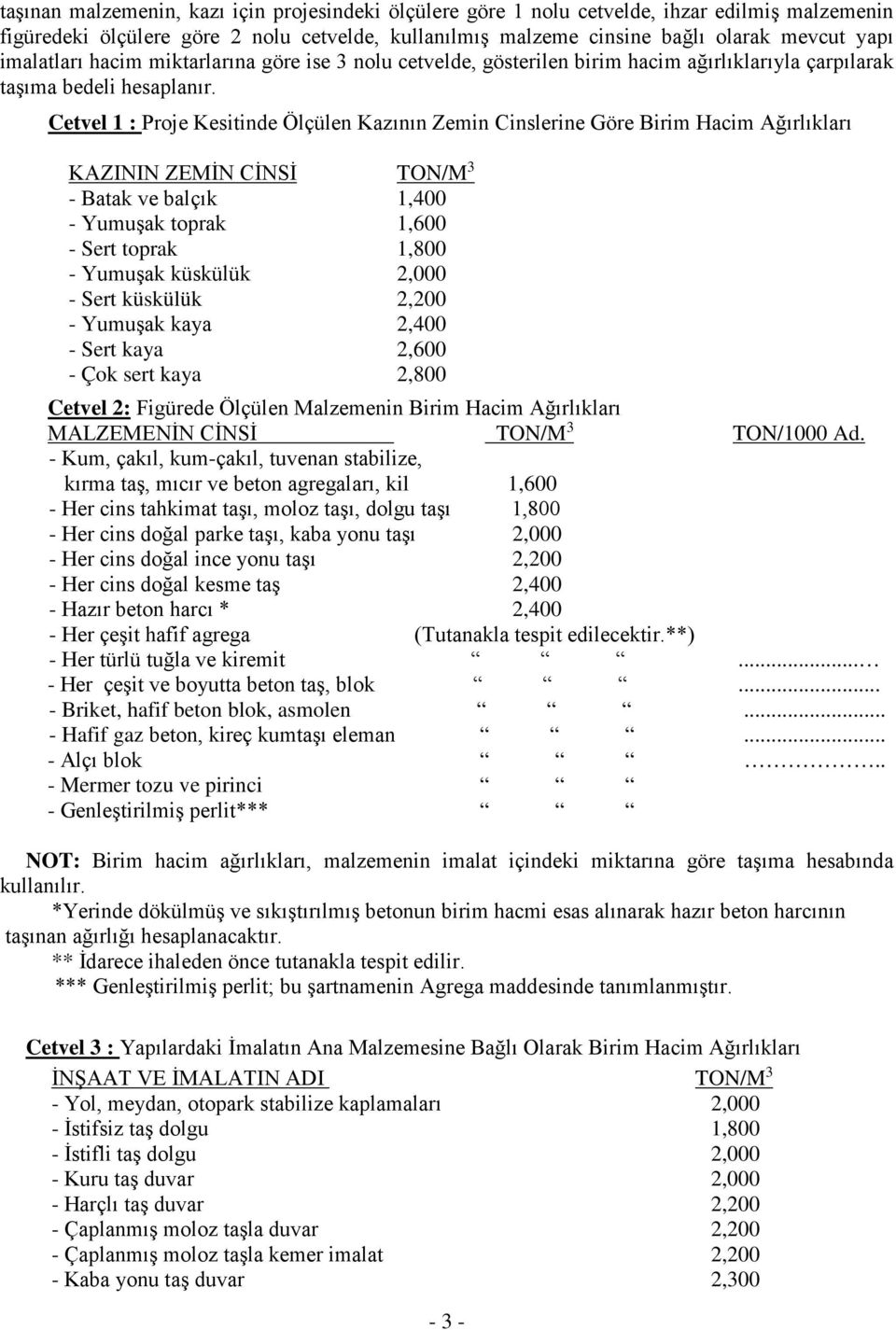 Cetvel 1 : Proje Kesitinde Ölçülen Kazının Zemin Cinslerine Göre Birim Hacim Ağırlıkları KAZININ ZEMİN CİNSİ TON/M 3 - Batak ve balçık 1,400 - Yumuşak toprak 1,600 - Sert toprak 1,800 - Yumuşak