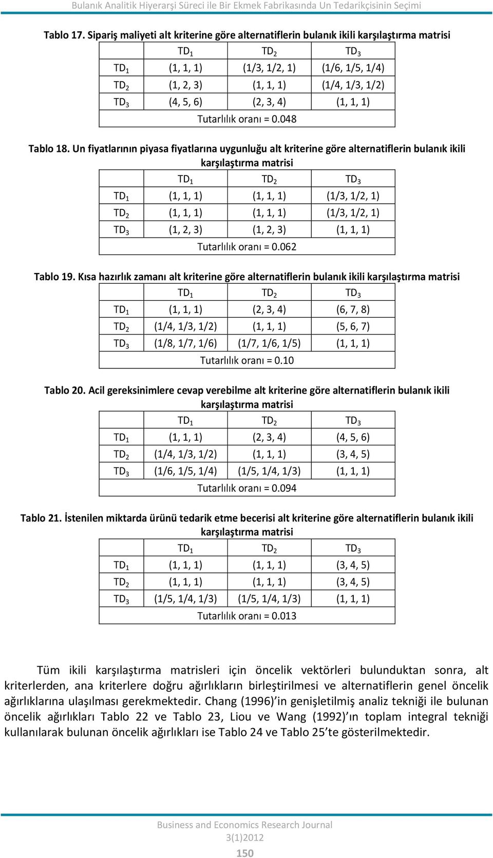 Tutarlılık oranı = 0.048 Tablo 8.