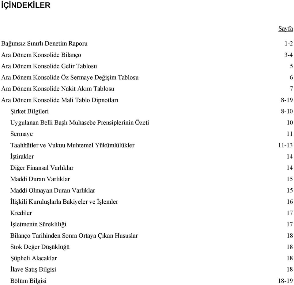 Taahhütler ve Vukuu Muhtemel Yükümlülükler 11-13 İştirakler 14 Diğer Finansal Varlıklar 14 Maddi Duran Varlıklar 15 Maddi Olmayan Duran Varlıklar 15 İlişkili Kuruluşlarla