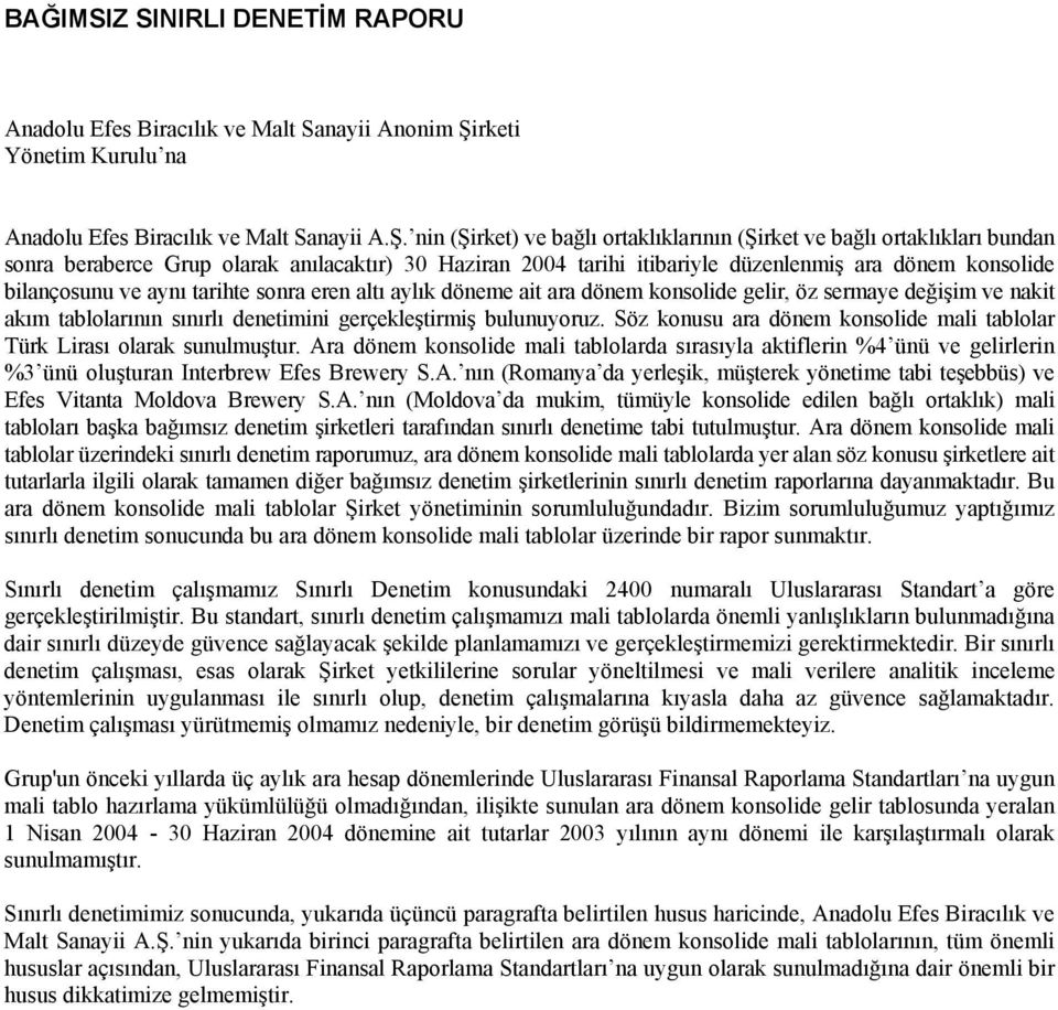 nin (Şirket) ve bağlı ortaklıklarının (Şirket ve bağlı ortaklıkları bundan sonra beraberce Grup olarak anılacaktır) 30 Haziran 2004 tarihi itibariyle düzenlenmiş ara dönem konsolide bilançosunu ve