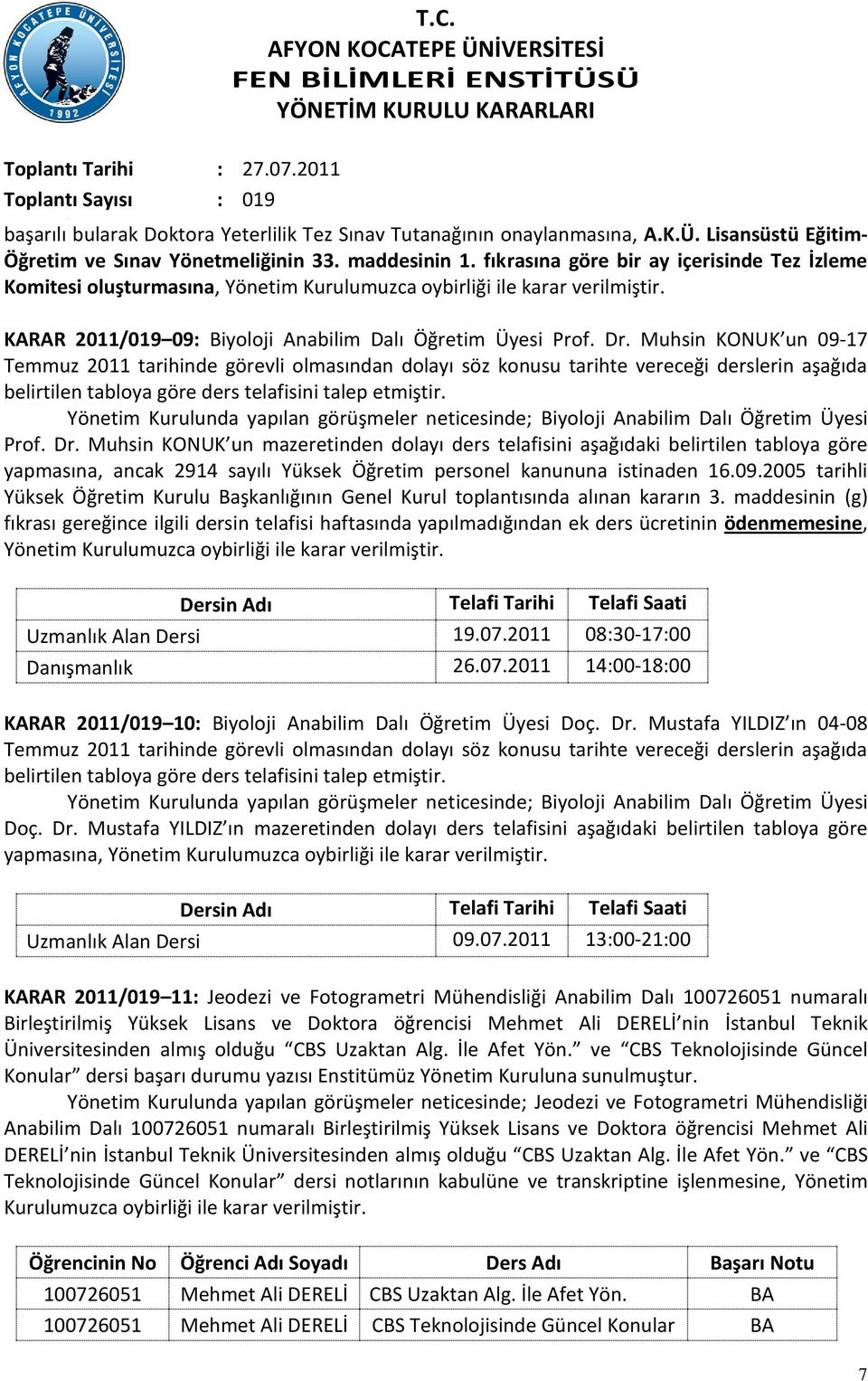 Muhsin KONUK un 09-17 Temmuz 2011 tarihinde görevli olmasından dolayı söz konusu tarihte vereceği derslerin aşağıda belirtilen tabloya göre ders telafisini talep etmiştir.