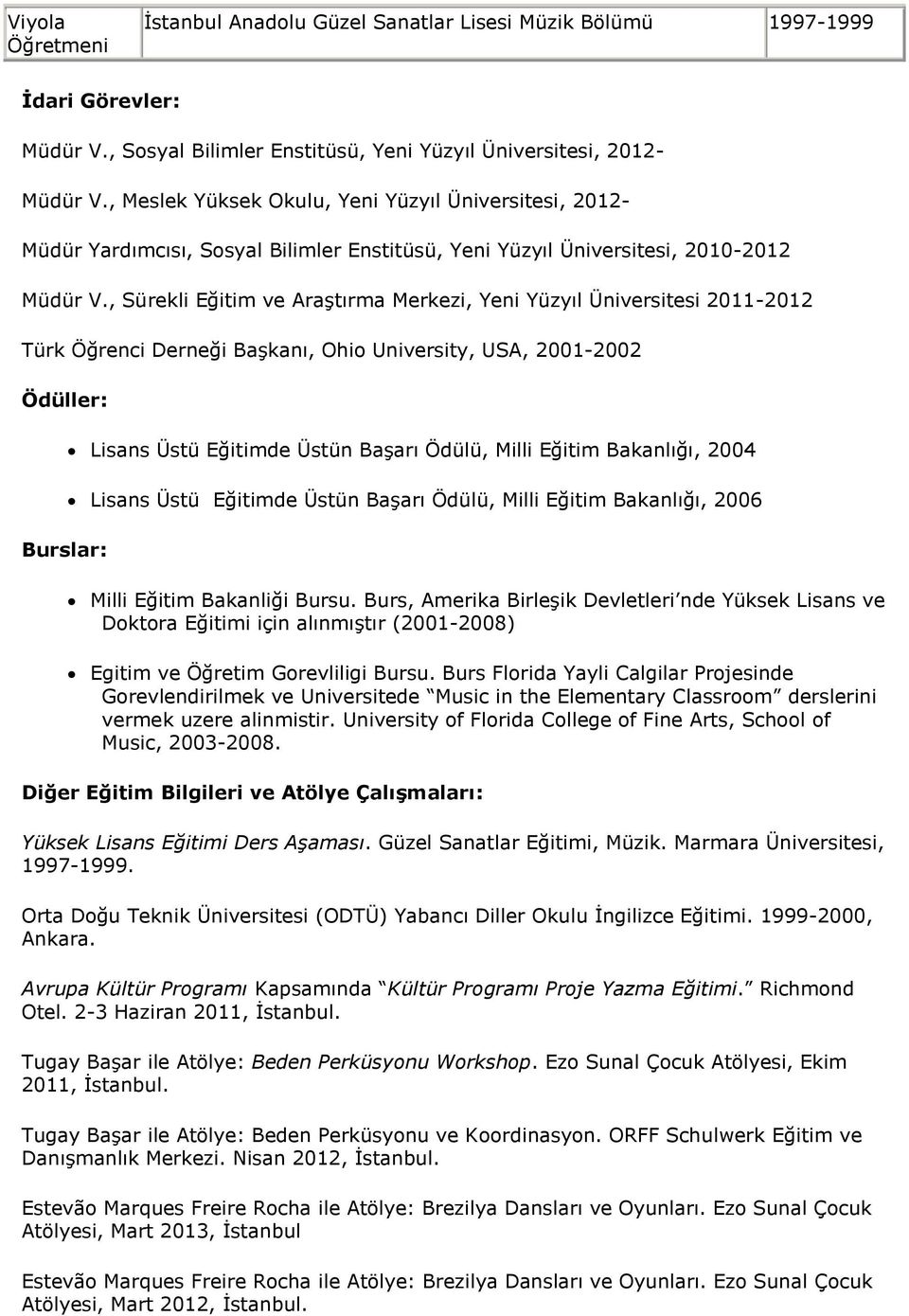 , Sürekli Eğitim ve Araştırma Merkezi, Yeni Yüzyıl Üniversitesi 2011-2012 Türk Öğrenci Derneği Başkanı, Ohio University, USA, 2001-2002 Ödüller: Burslar: Lisans Üstü Eğitimde Üstün Başarı Ödülü,