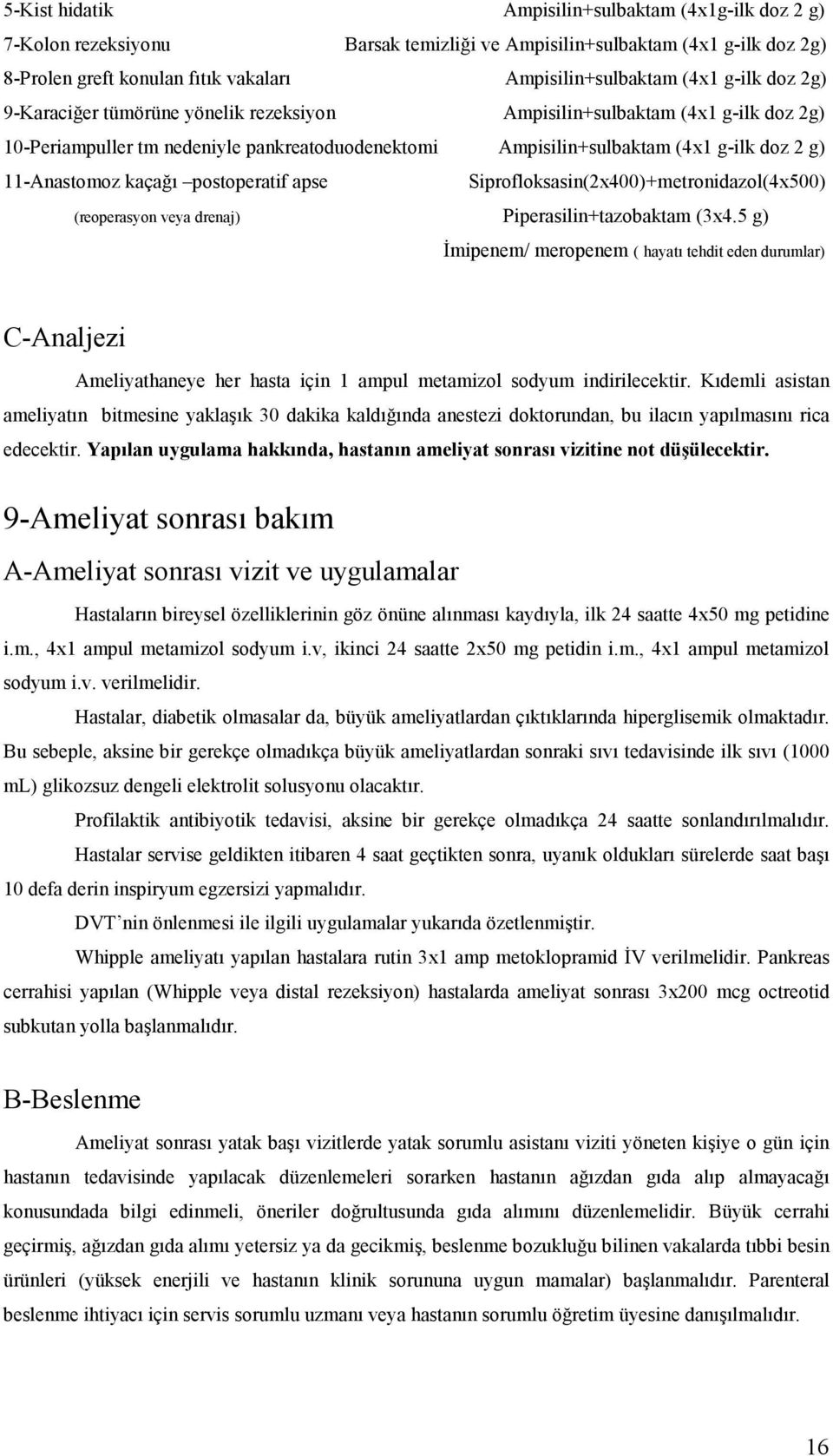 kaçağı postoperatif apse Siprofloksasin(2x400)+metronidazol(4x500) (reoperasyon veya drenaj) Piperasilin+tazobaktam (3x4.