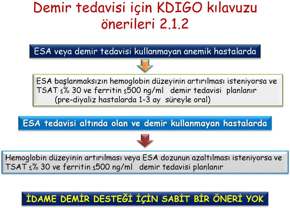 % 30 ve ferritin 500 ng/ml demir tedavisi planlanır (pre-diyaliz hastalarda 1-3 ay süreyle oral) ESA tedavisi altında olan ve