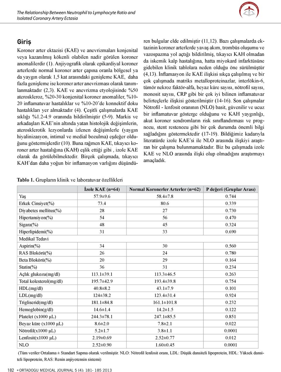 Anjiyografik olarak epikardiyal koroner arterlerde normal koroner arter çapına oranla bölgesel ya da yaygın olarak 1,5 kat arasındaki genişleme KAE, daha fazla genişleme ise koroner arter anevrizması