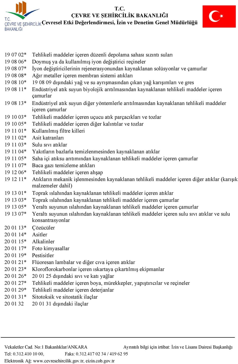 atık suyun biyolojik arıtılmasından kaynaklanan tehlikeli maddeler içeren çamurlar 19 08 13* Endüstriyel atık suyun diğer yöntemlerle arıtılmasından kaynaklanan tehlikeli maddeler içeren çamurlar 19