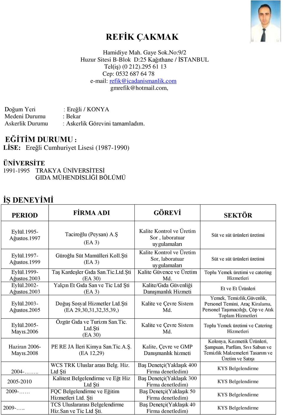 EĞİTİM DURUMU : LİSE: Ereğli Cumhuriyet Lisesi (1987-1990) ÜNİVERSİTE 1991-1995 TRAKYA ÜNİVERSİTESİ GIDA MÜHENDİSLİĞİ BÖLÜMÜ İŞ DENEYİMİ PERIOD FİRMA ADI GÖREVİ SEKTÖR Eylül.1995- Ağustos.1997 Eylül.
