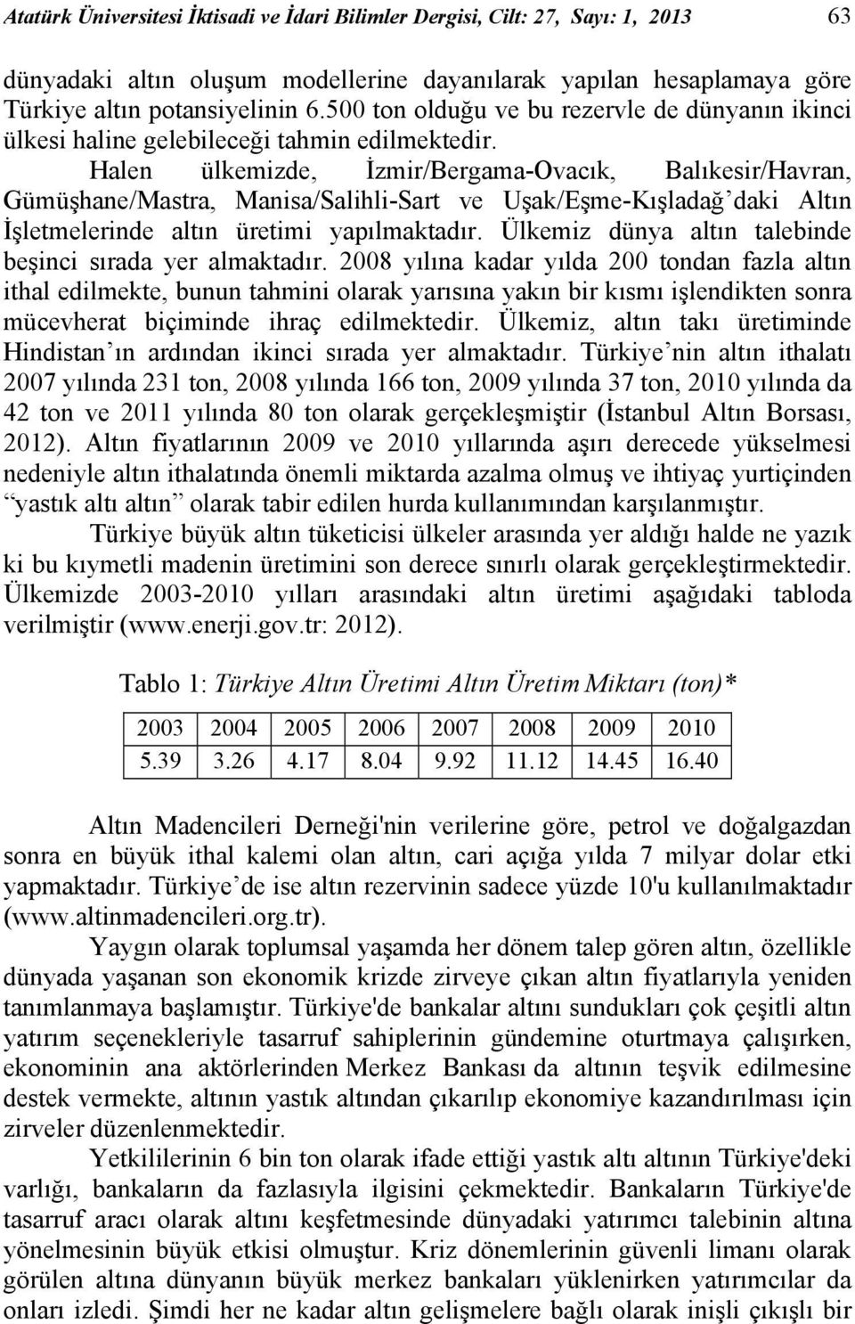 Halen ülkemizde, İzmir/Bergama-Ovacık, Balıkesir/Havran, Gümüşhane/Mastra, Manisa/Salihli-Sart ve Uşak/Eşme-Kışladağ daki Altın İşletmelerinde altın üretimi yapılmaktadır.