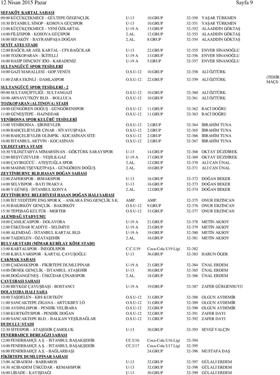 AL. 8.GRUP 32-354 ALAADDİN GÖKTAŞ SEYİT ATEŞ STADI 12:00 BAĞCILAR ASİL KARTAL - CFS BAĞCILAR U-13 22.GRUP 32-355 ENVER SİNANOĞLU 14:00 TOZKOPARAN - İKİTELLİ U-19 A 13.