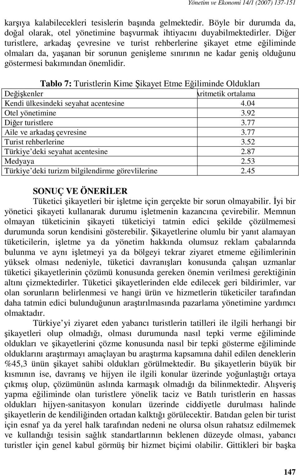 Tablo 7: Turistlerin Kime Şikayet Etme Eğiliminde Oldukları Değişkenler Aritmatik Aritmetik ortalama Kendi ülkesindeki seyahat acentesine 4.04 Otel yönetimine 3.92 Diğer turistlere 3.