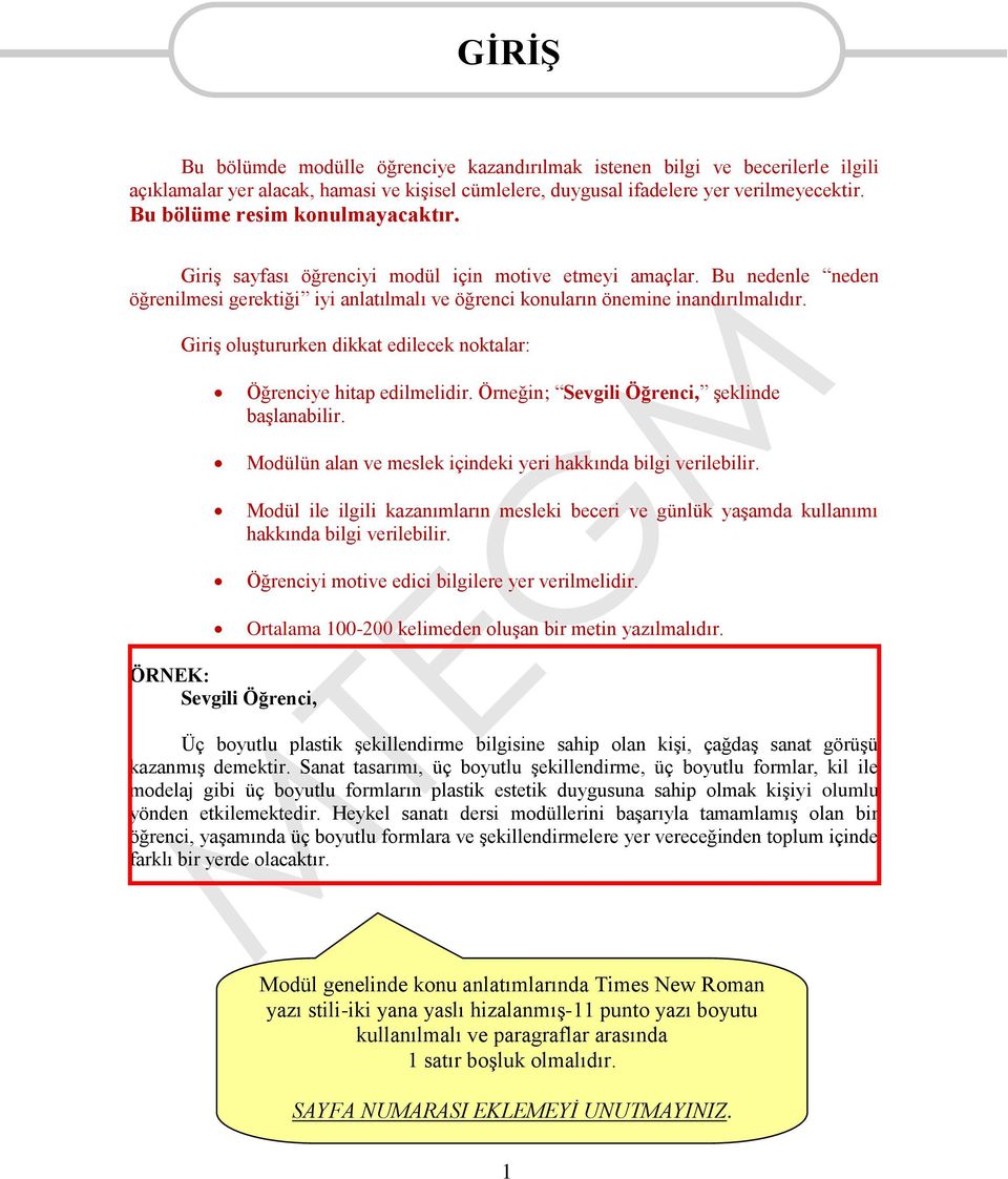 Giriş oluştururken dikkat edilecek noktalar: Öğrenciye hitap edilmelidir. Örneğin; Sevgili Öğrenci, şeklinde başlanabilir. Modülün alan ve meslek içindeki yeri hakkında bilgi verilebilir.