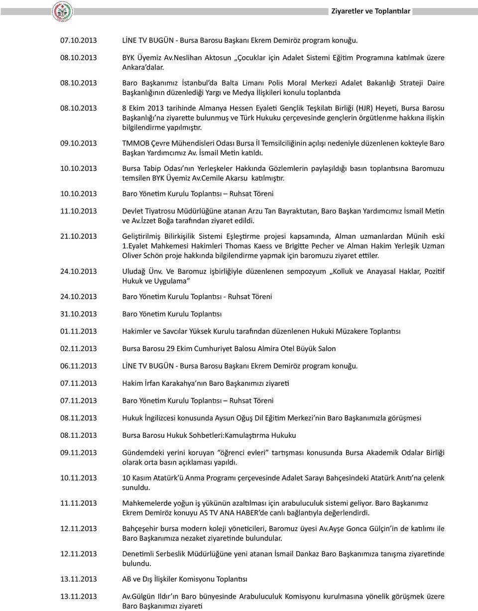 ilişkin bilgilendirme yapılmıştır. 09.10.2013 TMMOB Çevre Mühendisleri Odası Bursa İl Temsilciliğinin açılışı nedeniyle düzenlenen kokteyle Baro Başkan Yardımcımız Av. İsmail Metin katıldı. 10.10.2013 Bursa Tabip Odası nın Yerleşkeler Hakkında Gözlemlerin paylaşıldığı basın toplantısına Baromuzu temsilen BYK Üyemiz Av.