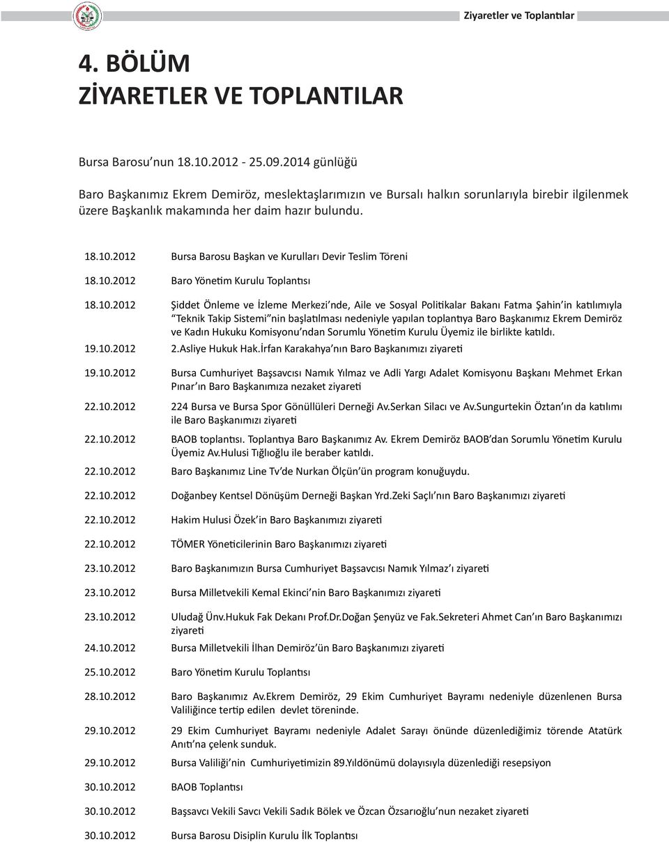 2012 Bursa Barosu Başkan ve Kurulları Devir Teslim Töreni 18.10.