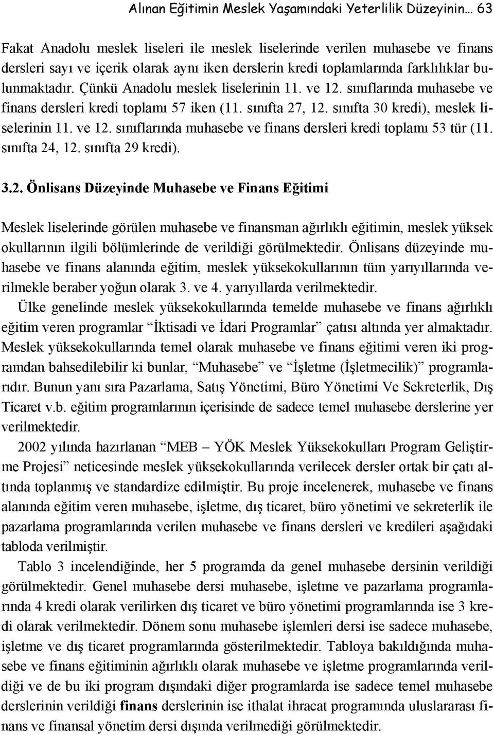 sınıfta 30 kredi), meslek liselerinin 11. ve 12.