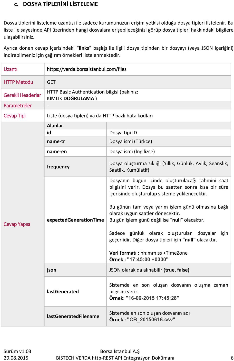 Ayrıca dönen cevap içerisindeki links başlığı ile ilgili dosya tipinden bir dosyayı (veya JSON içeriğini) indirebilmeniz için çağırım örnekleri listelenmektedir. Uzantı https://verda.borsaistanbul.