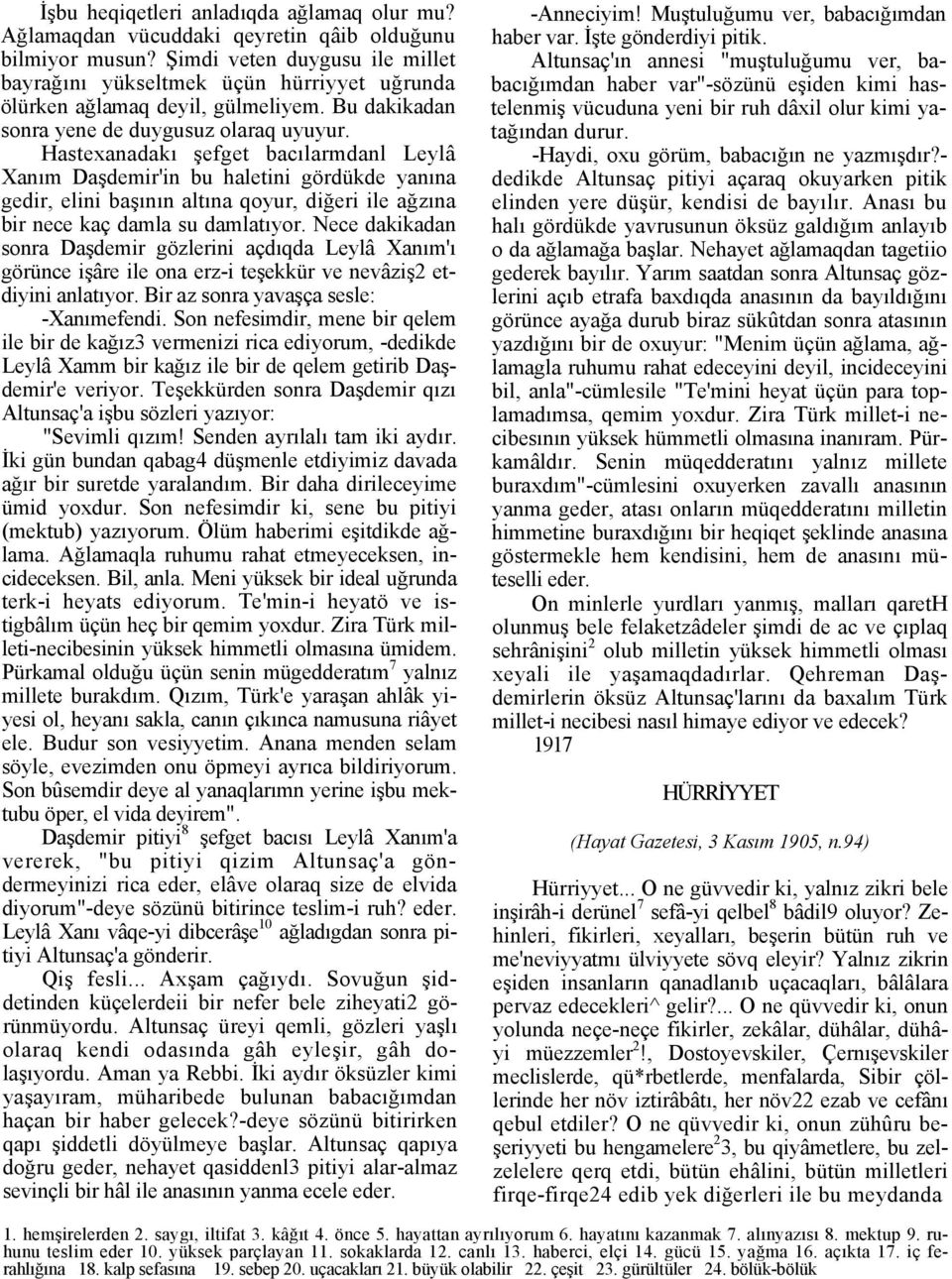 Hastexanadakı şefget bacılarmdanl Leylâ Xanım Daşdemir'in bu haletini gördükde yanına gedir, elini başının altına qoyur, diğeri ile ağzına bir nece kaç damla su damlatıyor.