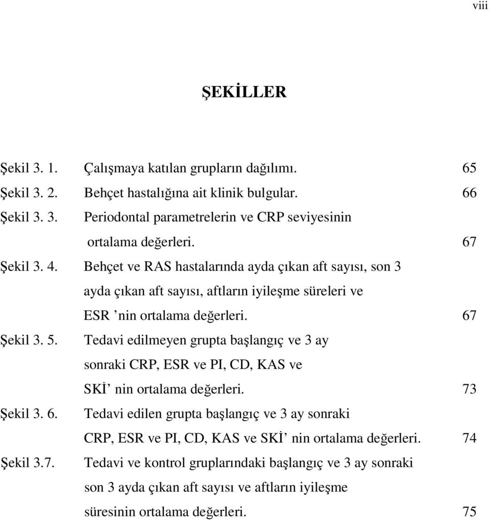 Tedavi edilmeyen grupta başlangıç ve 3 ay sonraki CRP, ESR ve PI, CD, KAS ve SKİ nin ortalama değerleri. 73 Şekil 3. 6.