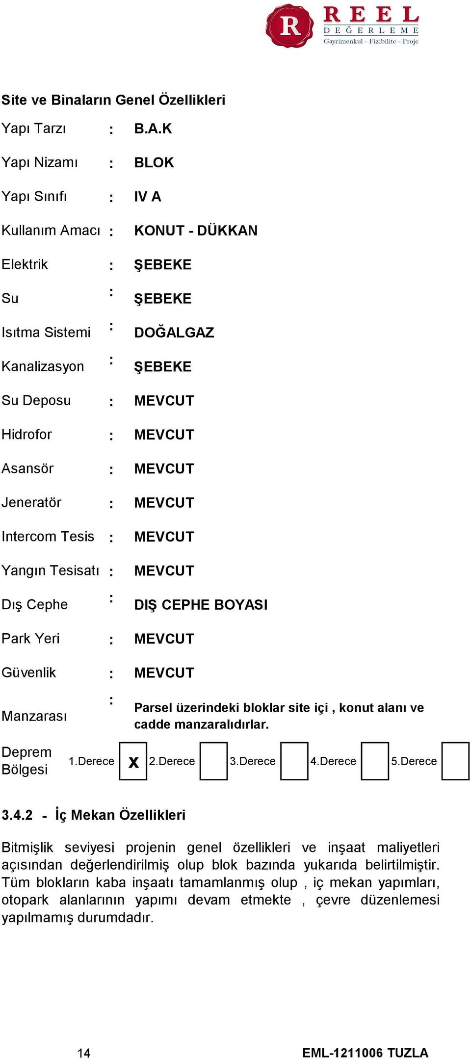 K BLOK IV A KONUT DÜKKAN ŞEBEKE ŞEBEKE DOĞALGAZ ŞEBEKE MEVCUT MEVCUT MEVCUT MEVCUT MEVCUT MEVCUT DIŞ CEPHE BOYASI MEVCUT MEVCUT Parsel üzerindeki bloklar site içi, konut alanı ve cadde