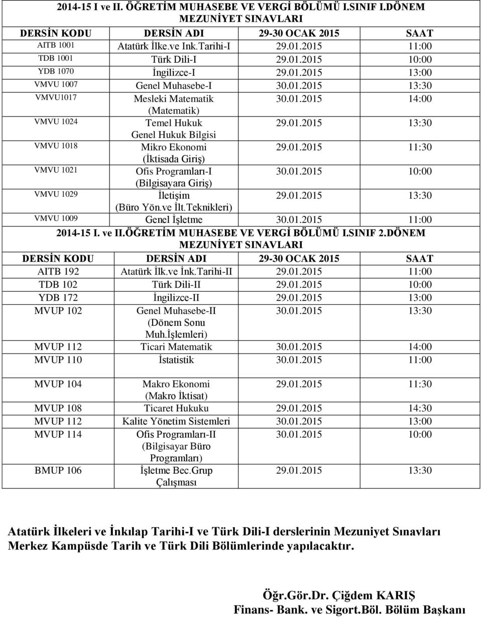 01.2015 13:30 (Büro Yön.ve İlt.Teknikleri) VMVU 1009 Genel İşletme 30.01.2015 11:00 2014-15 I. ve II.ÖĞRETİM MUHASEBE VE VERGİ BÖLÜMÜ I.SINIF 2.DÖNEM AITB 192 Atatürk İlk.ve İnk.Tarihi-II 29.01.2015 11:00 TDB 102 Türk Dili-II 29.