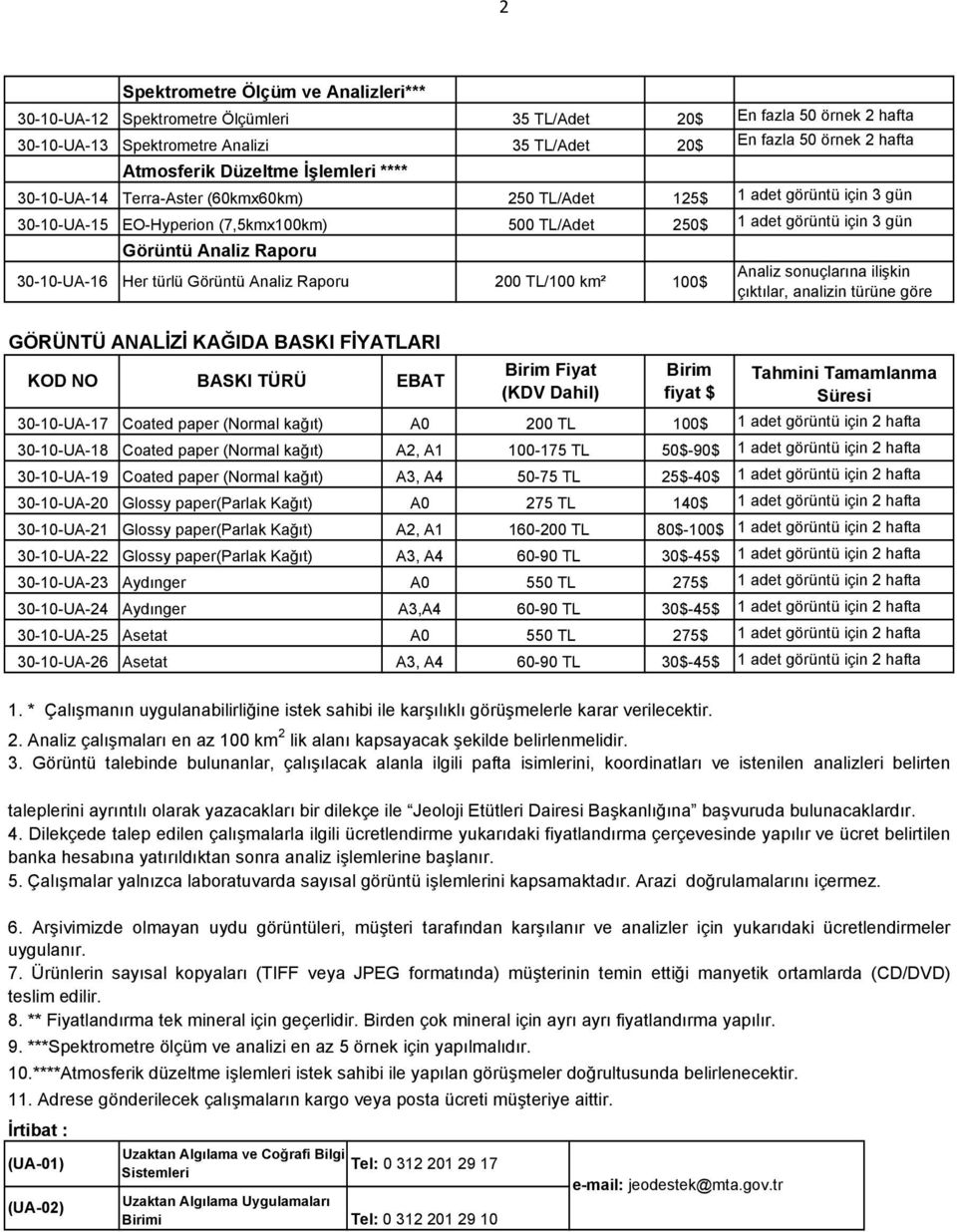 hafta En fazla 50 örnek 2 hafta 1 adet görüntü için 3 gün 1 adet görüntü için 3 gün Analiz sonuçlarına ilişkin çıktılar, analizin türüne göre GÖRÜNTÜ ANALİZİ KAĞIDA BASKI FİYATLARI KOD NO BASKI TÜRÜ