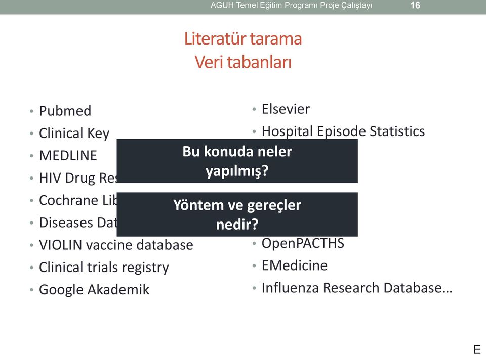 FREIDA nline Cochrane Library Yöntem ve gereçler ne Key Diseases Database nedir?