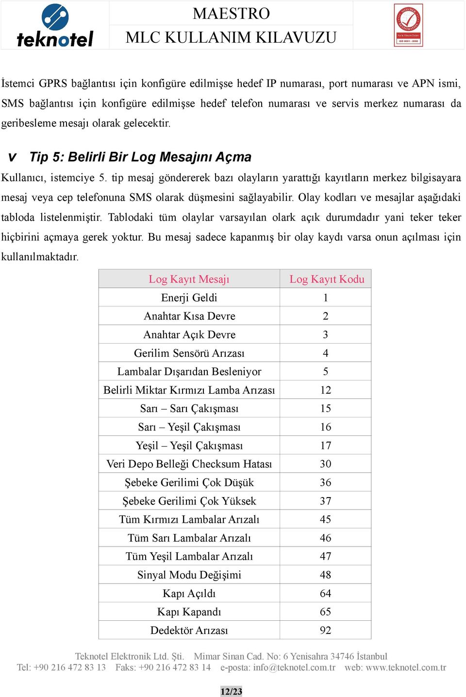 tip mesaj göndererek bazı olayların yarattığı kayıtların merkez bilgisayara mesaj veya cep telefonuna SMS olarak düşmesini sağlayabilir. Olay kodları ve mesajlar aşağıdaki tabloda listelenmiştir.