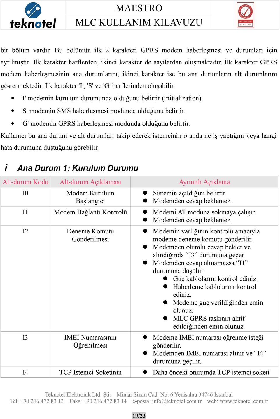 'I' modemin kurulum durumunda olduğunu belirtir (initialization). 'S' modemin SMS haberleşmesi modunda olduğunu belirtir. 'G' modemin GPRS haberleşmesi modunda olduğunu belirtir.