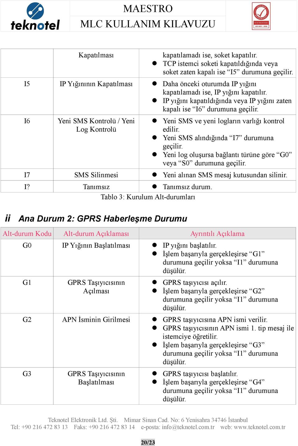 I6 Yeni SMS Kontrolü / Yeni Log Kontrolü Yeni SMS ve yeni logların varlığı kontrol edilir. Yeni SMS alındığında I7 durumuna geçilir. Yeni log oluşursa bağlantı türüne göre G0 veya S0 durumuna geçilir.