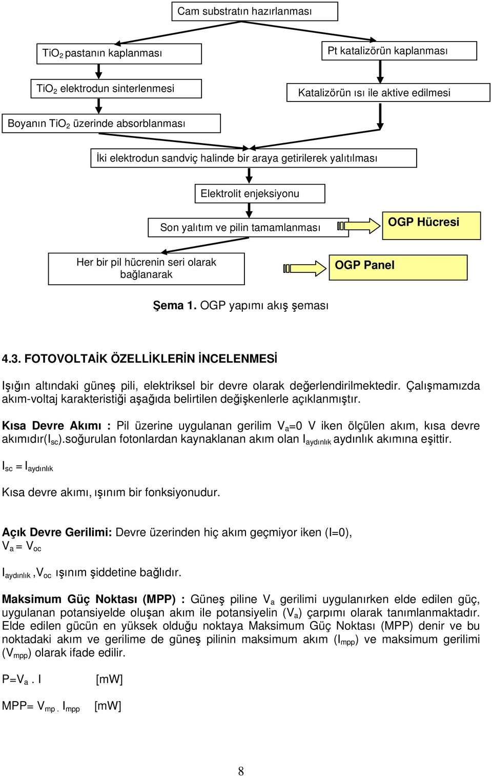 OGP yapımı akış şeması 4.3. FOTOVOLTAİK ÖZELLİKLERİN İNCELENMESİ Işığın altındaki güneş pili, elektriksel bir devre olarak değerlendirilmektedir.