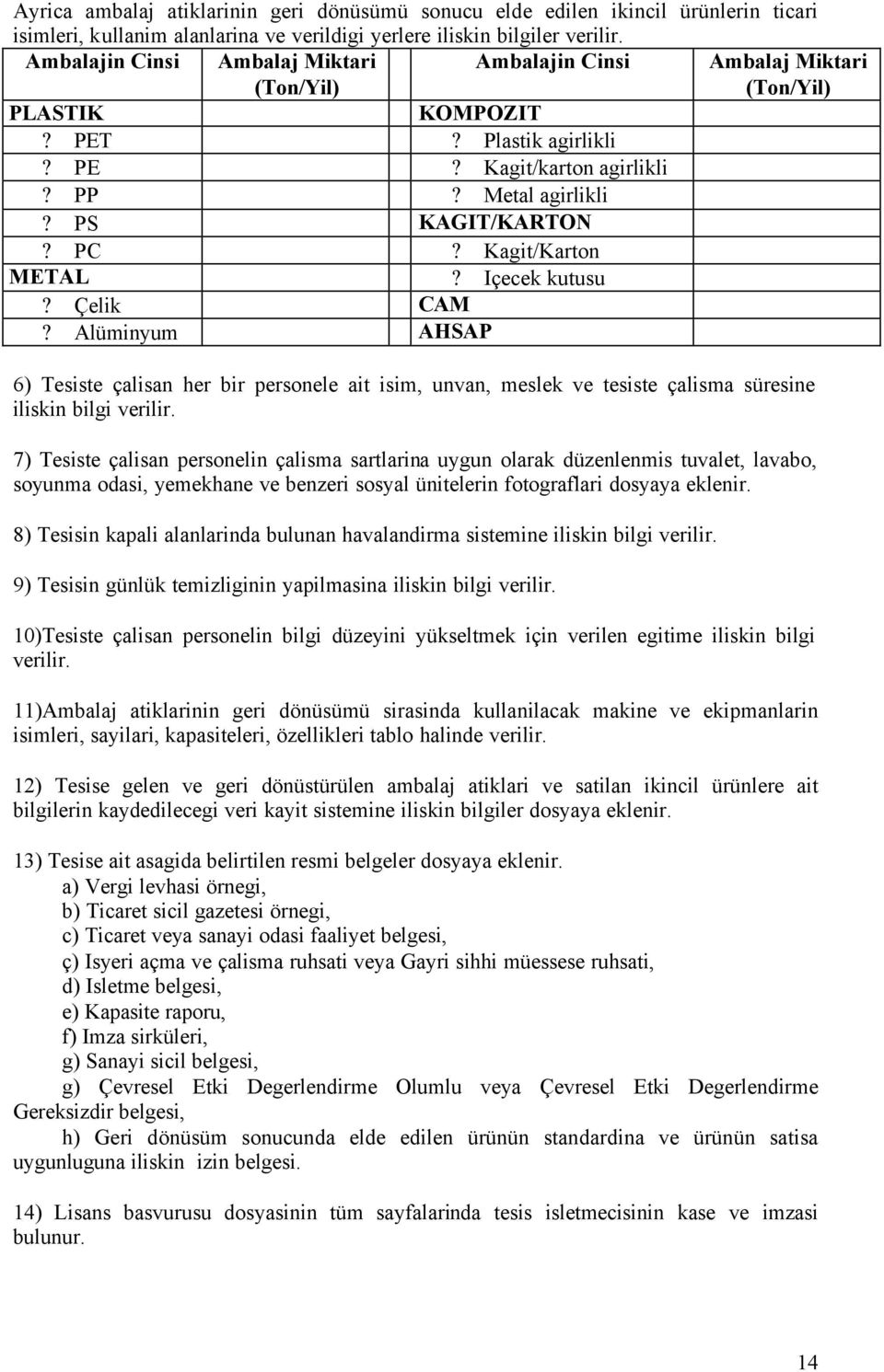 Kagit/Karton METAL? Çelik CAM? Alüminyum AHSAP? Içecek kutusu 6) Tesiste çalisan her bir personele ait isim, unvan, meslek ve tesiste çalisma süresine iliskin bilgi verilir.