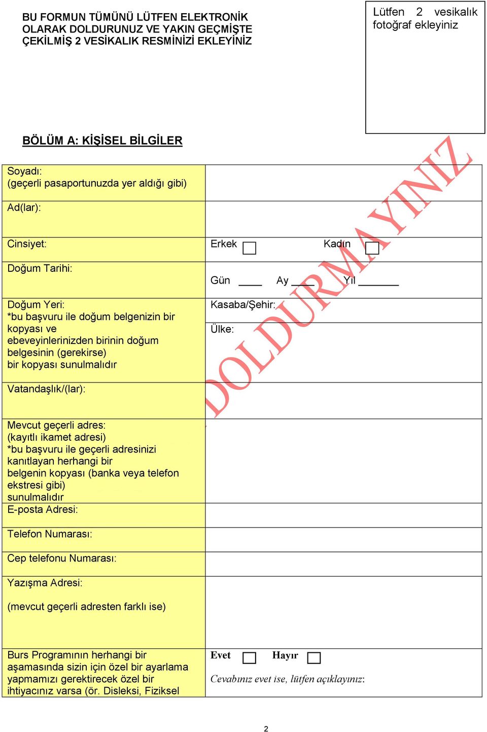 kopyası sunulmalıdır Gün Ay Yıl Kasaba/Şehir: Ülke: Vatandaşlık/(lar): Mevcut geçerli adres: (kayıtlı ikamet adresi) *bu başvuru ile geçerli adresinizi kanıtlayan herhangi bir belgenin kopyası (banka