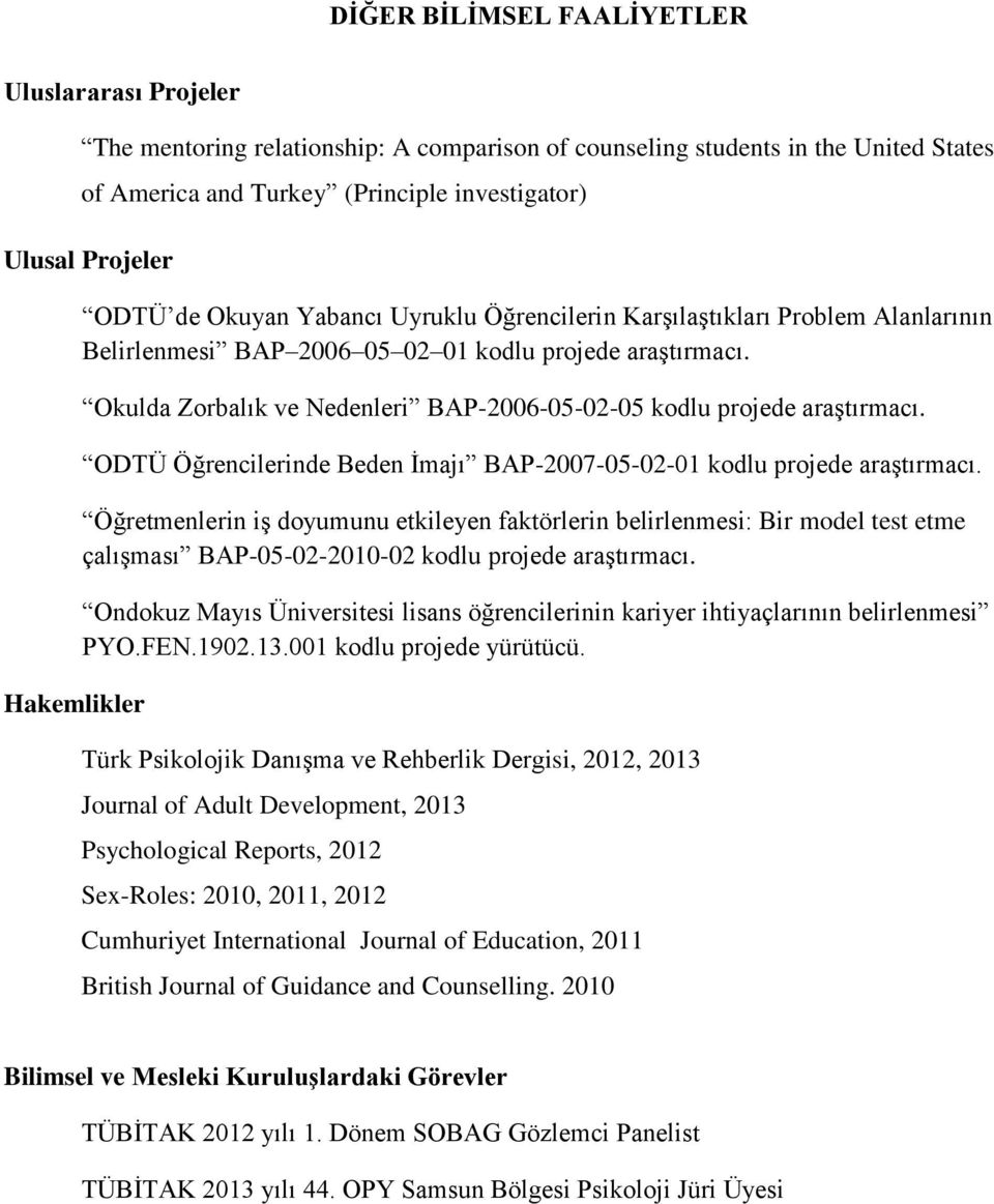 Okulda Zorbalık ve Nedenleri BAP-2006-05-02-05 kodlu projede araştırmacı. ODTÜ Öğrencilerinde Beden İmajı BAP-2007-05-02-01 kodlu projede araştırmacı.