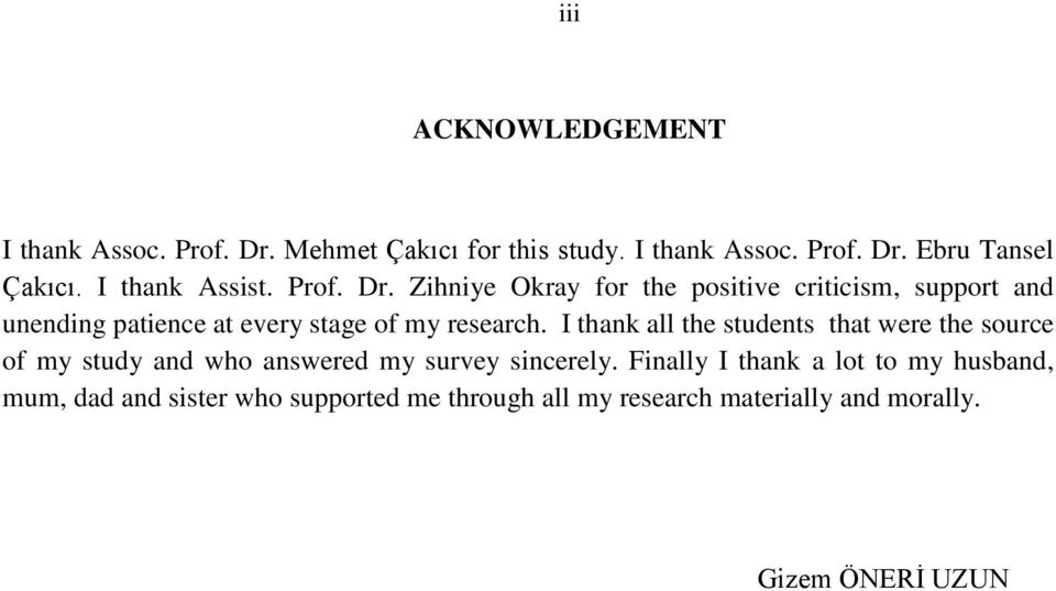 Zihniye Okray for the positive criticism, support and unending patience at every stage of my research.