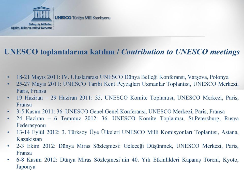 UNESCO Komite Toplantısı, UNESCO Merkezi, Paris, Fransa 3-5 Kasım 2011: 36. UNESCO Genel Genel Konferansı, UNESCO Merkezi, Paris, Fransa 24 Haziran 6 Temmuz 2012: 36. UNESCO Komite Toplantısı, St.